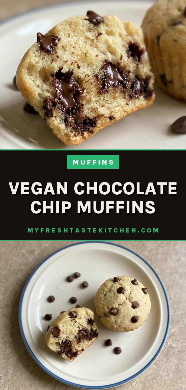 Bird's-eye view of three vegan chocolate chip muffins on a dark surface, showing domed tops studded with chocolate chips.
