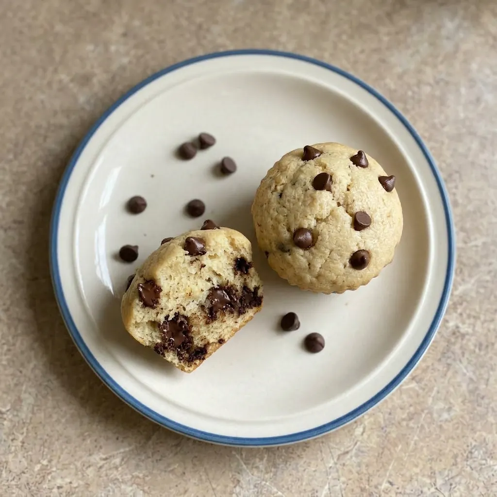 Ready to serve: a pair of vegan chocolate chip muffins with glossy tops and scattered chocolate chips, presented on a dark surface.