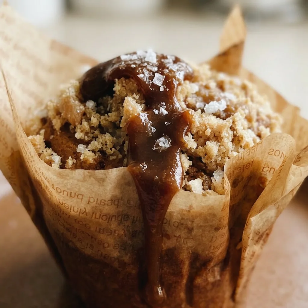 Macro detail of a muffin with a glossy caramel drizzle, visible oat flakes, and scattered sea salt crystals on the domed top.