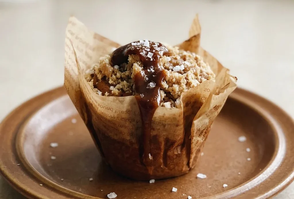 Top-down look at two muffins drizzled with caramel sauce and sprinkled with sea salt, one broken open showing oats and caramel swirls.