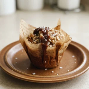 Top-down look at two muffins drizzled with caramel sauce and sprinkled with sea salt, one broken open showing oats and caramel swirls.