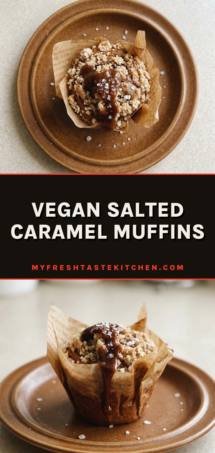 Top-down look at two muffins drizzled with caramel sauce and sprinkled with sea salt, one broken open showing oats and caramel swirls.