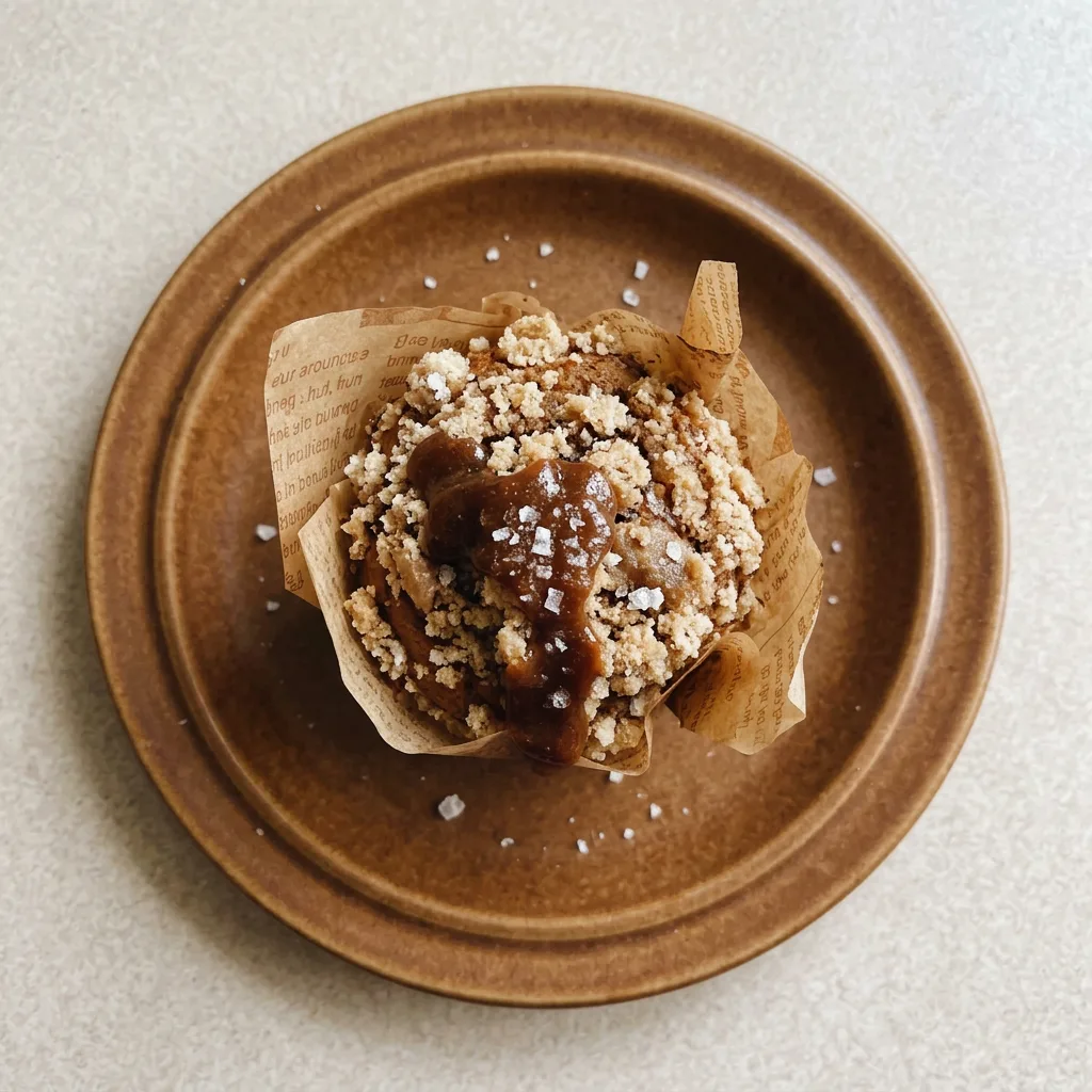 A serving of two muffins on a plate, one whole and one halved, revealing a moist crumb with caramel streaks and oat pieces.
