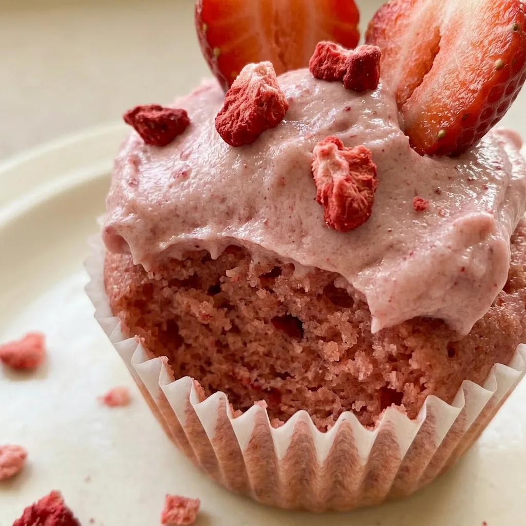 Close view of a vegan strawberry cupcake, showing pink frosting speckled with beetroot powder and a strawberry wedge.