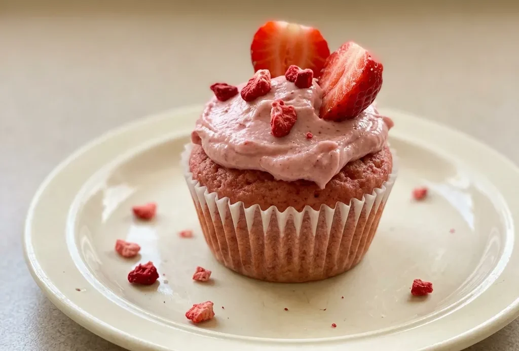 Overhead shot of a vegan strawberry cupcake with pink frosting and a strawberry slice on top.