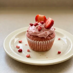 Overhead shot of a vegan strawberry cupcake with pink frosting and a strawberry slice on top.