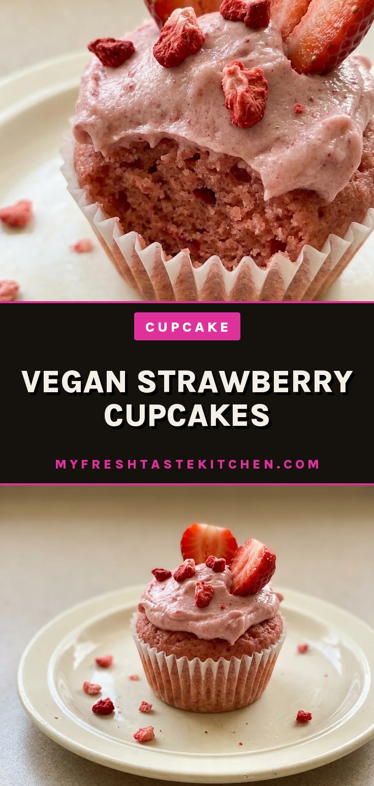 Overhead shot of a vegan strawberry cupcake with pink frosting and a strawberry slice on top.