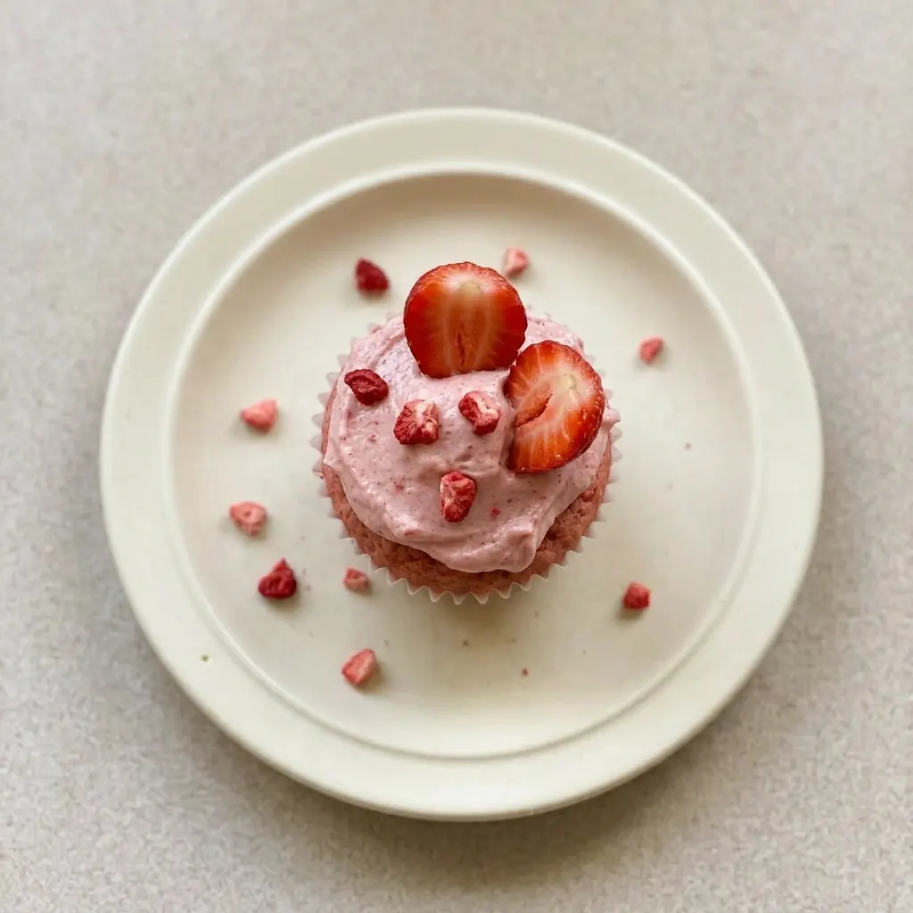 Plated: a vegan strawberry cupcake with pink frosting, topped with a fresh strawberry.
