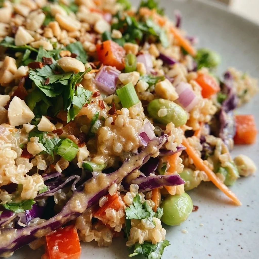 Close view of quinoa, red cabbage strips, orange bell pepper, carrot ribbons, edamame, and cilantro leaves with peanut dressing.