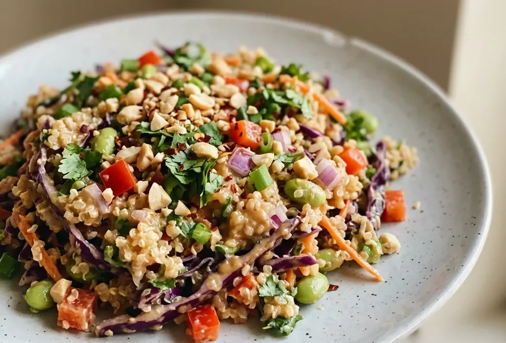 Overhead shot of quinoa salad with red cabbage, bell pepper, carrots, edamame, and cilantro, drizzled with peanut sauce.