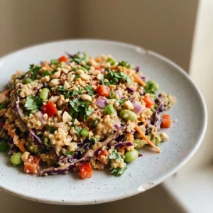 Overhead shot of quinoa salad with red cabbage, bell pepper, carrots, edamame, and cilantro, drizzled with peanut sauce.