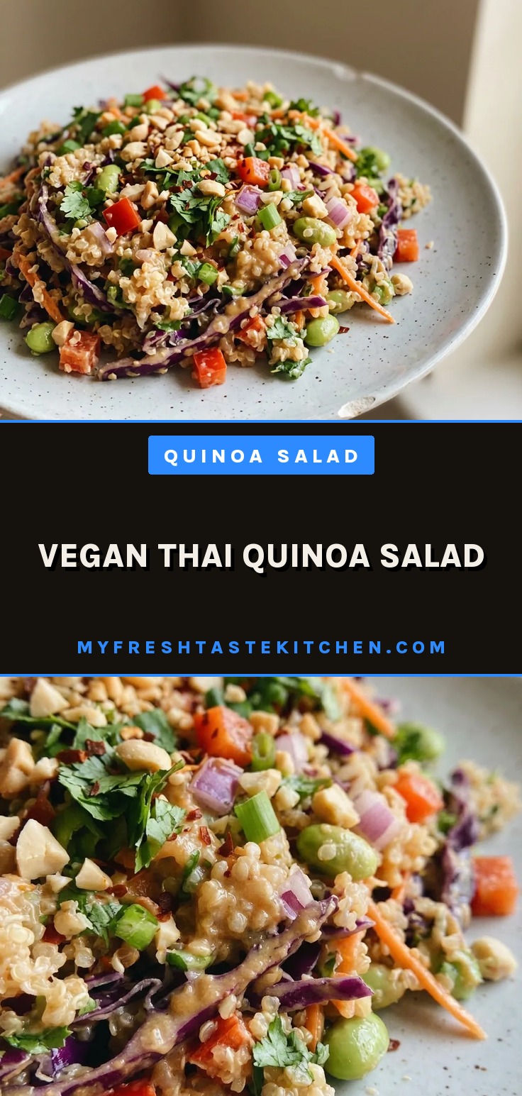 Overhead shot of quinoa salad with red cabbage, bell pepper, carrots, edamame, and cilantro, drizzled with peanut sauce.
