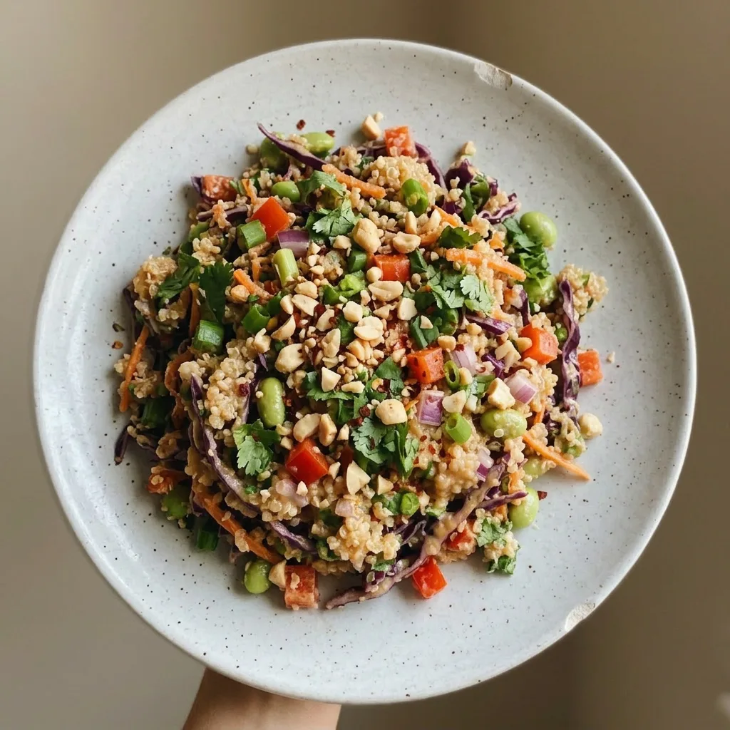 Plated quinoa salad topped with shredded red cabbage, diced bell pepper, carrot curls, edamame, and fresh cilantro.