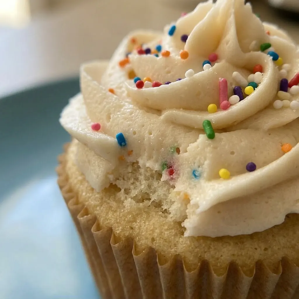 Macro detail of a vanilla cupcake with creamy white frosting and visible crumb texture.