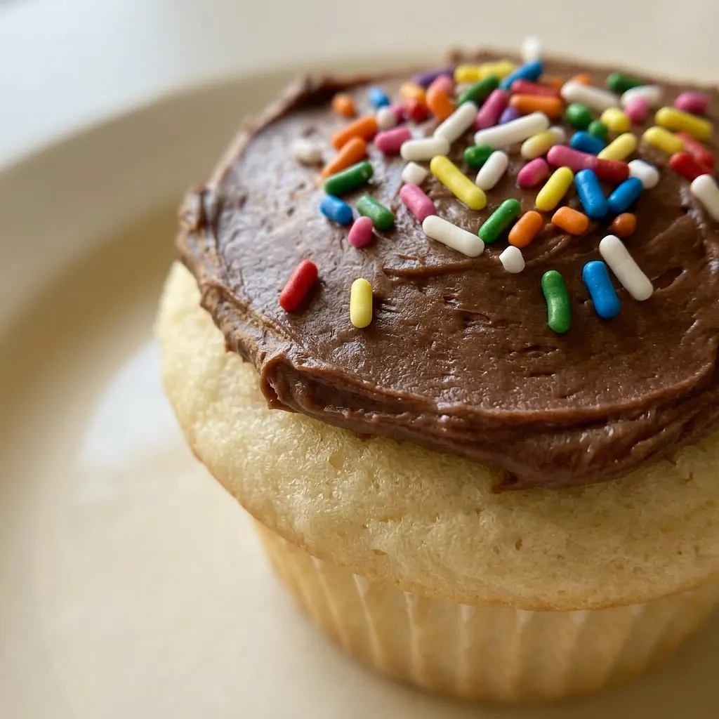 Zoomed in on a single vanilla cupcake with swirls of white frosting and colorful sprinkles.
