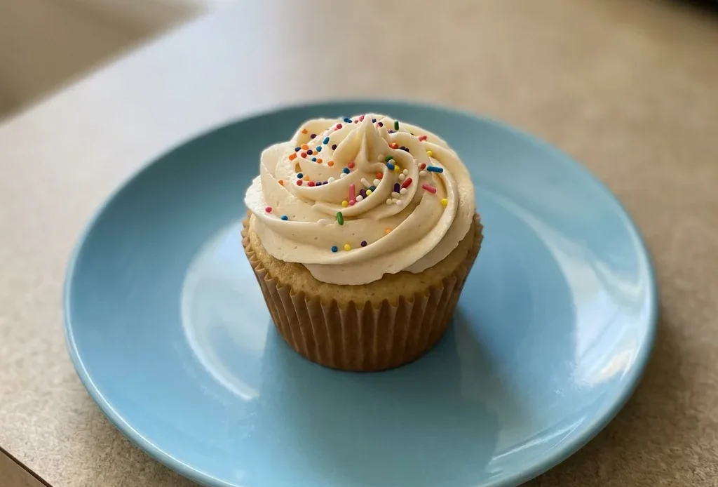 Top-down look at a white-frosted vanilla cupcake on a white plate.