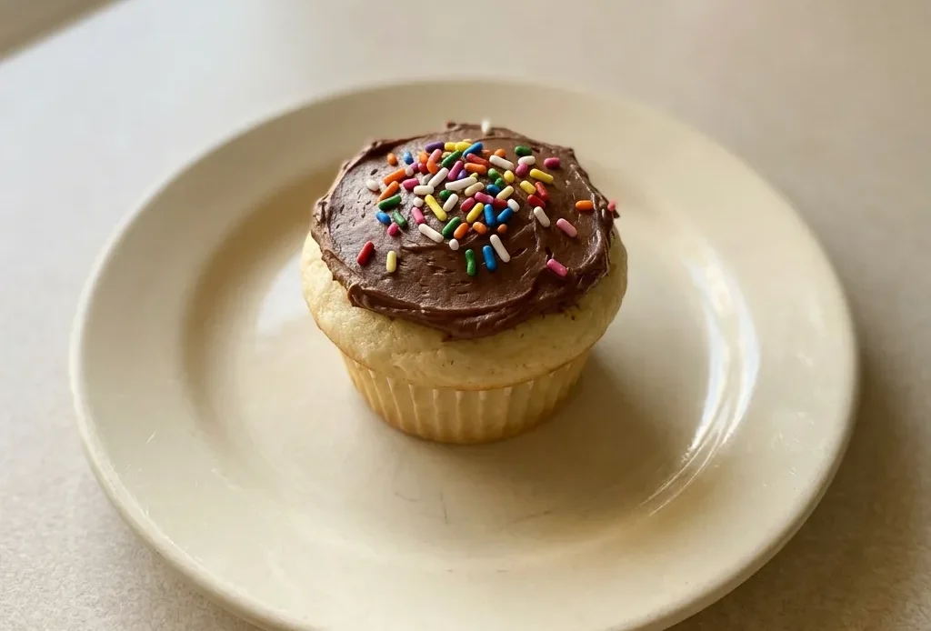 Bird's-eye view of three vanilla cupcakes with white frosting and rainbow sprinkles on a white plate.