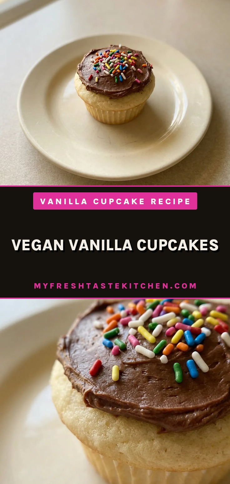 Bird's-eye view of three vanilla cupcakes with white frosting and rainbow sprinkles on a white plate.