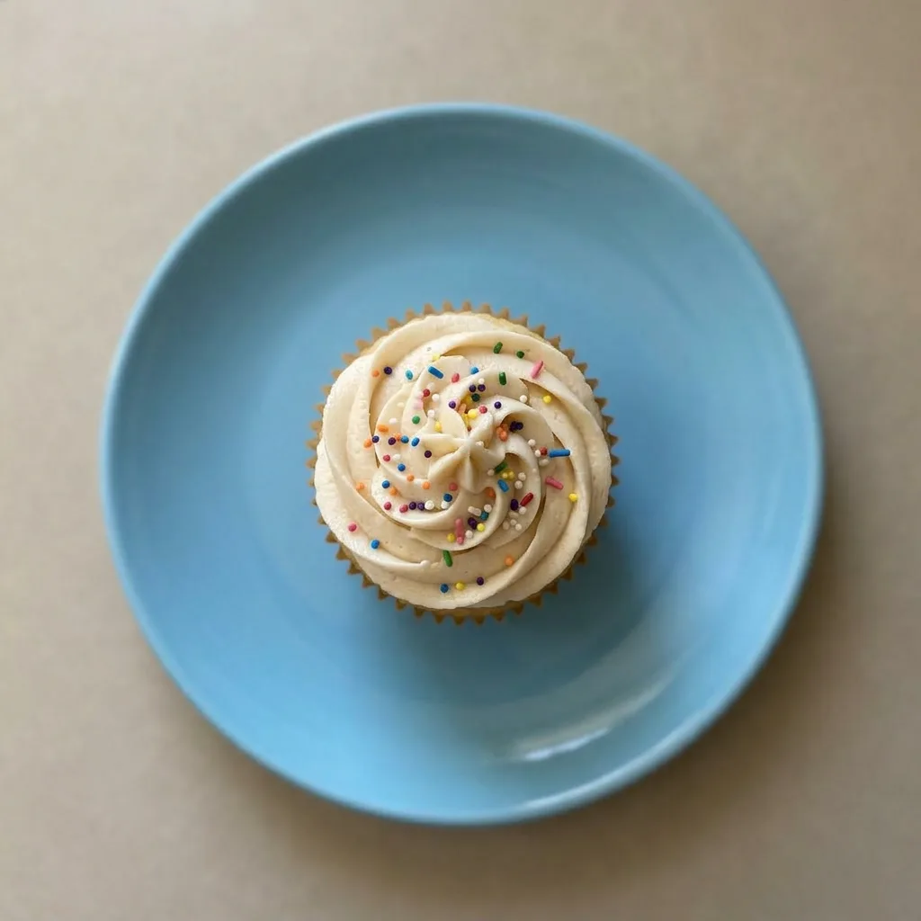A serving of a vanilla cupcake topped with smooth white frosting.