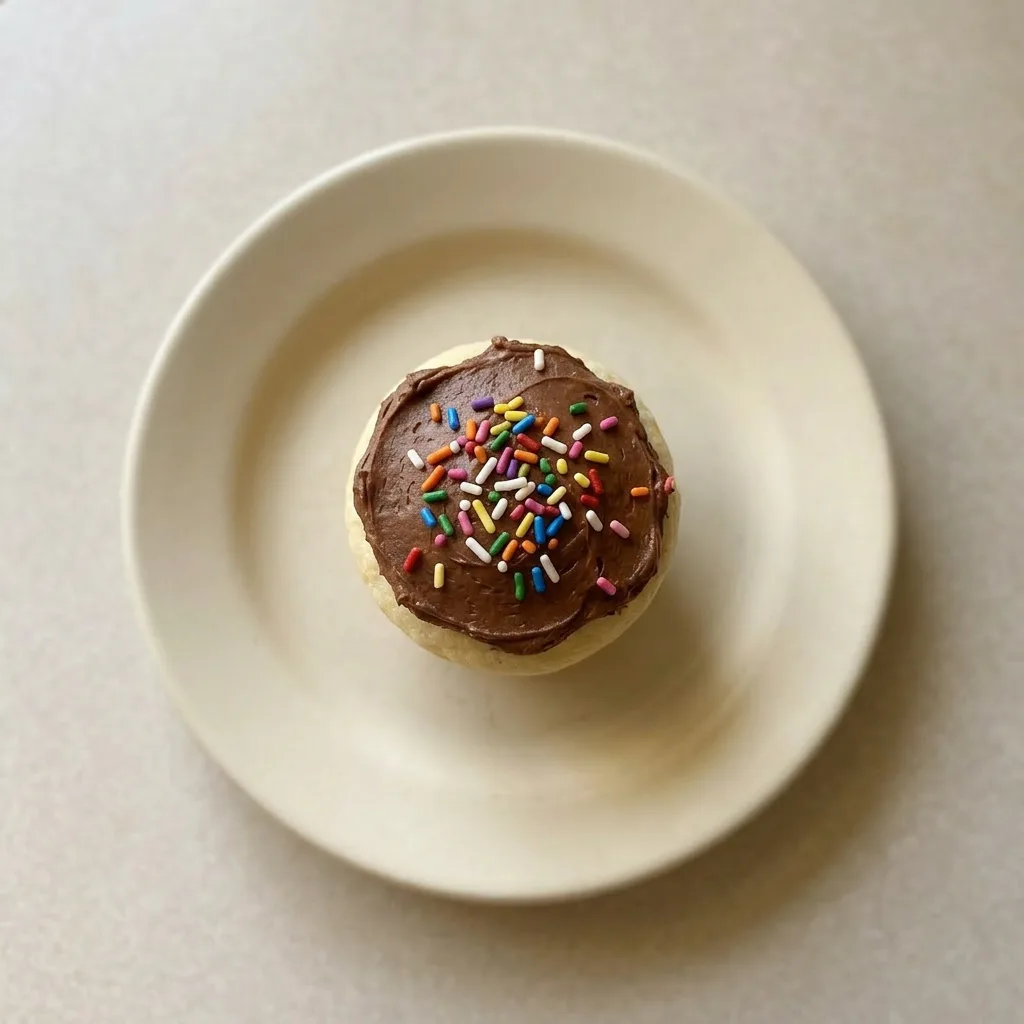 Ready to serve: two vanilla cupcakes with white frosting and rainbow sprinkles.
