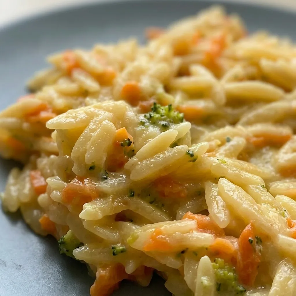 Up close, orzo with broccoli and carrots, cream cheese and parmesan visible.