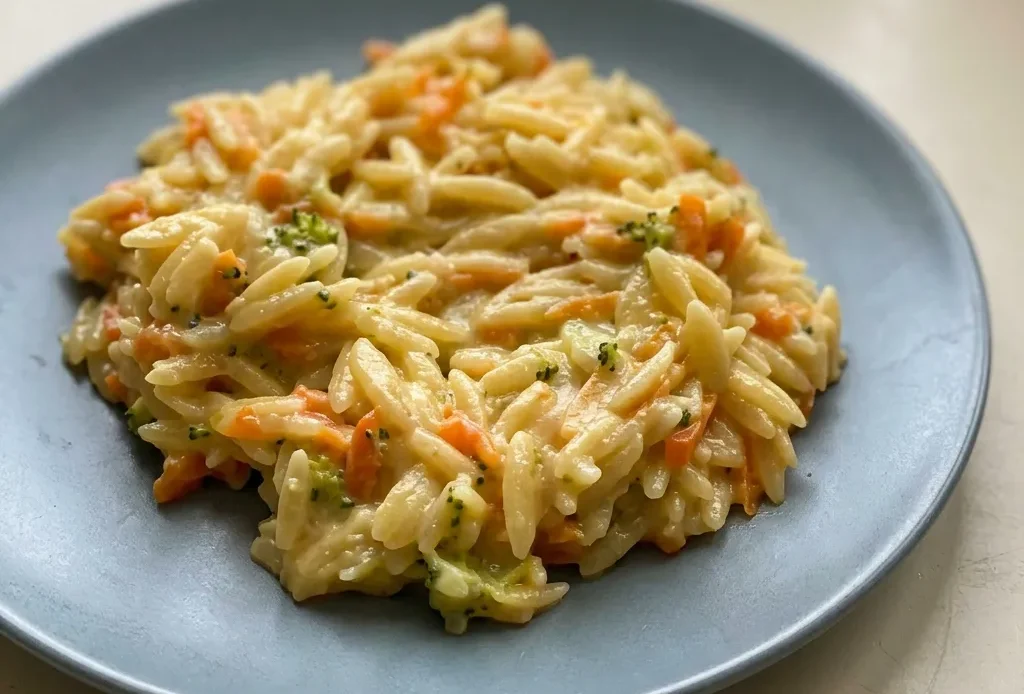 Looking down at orzo mixed with broccoli and carrots, topped with cream cheese and parmesan.