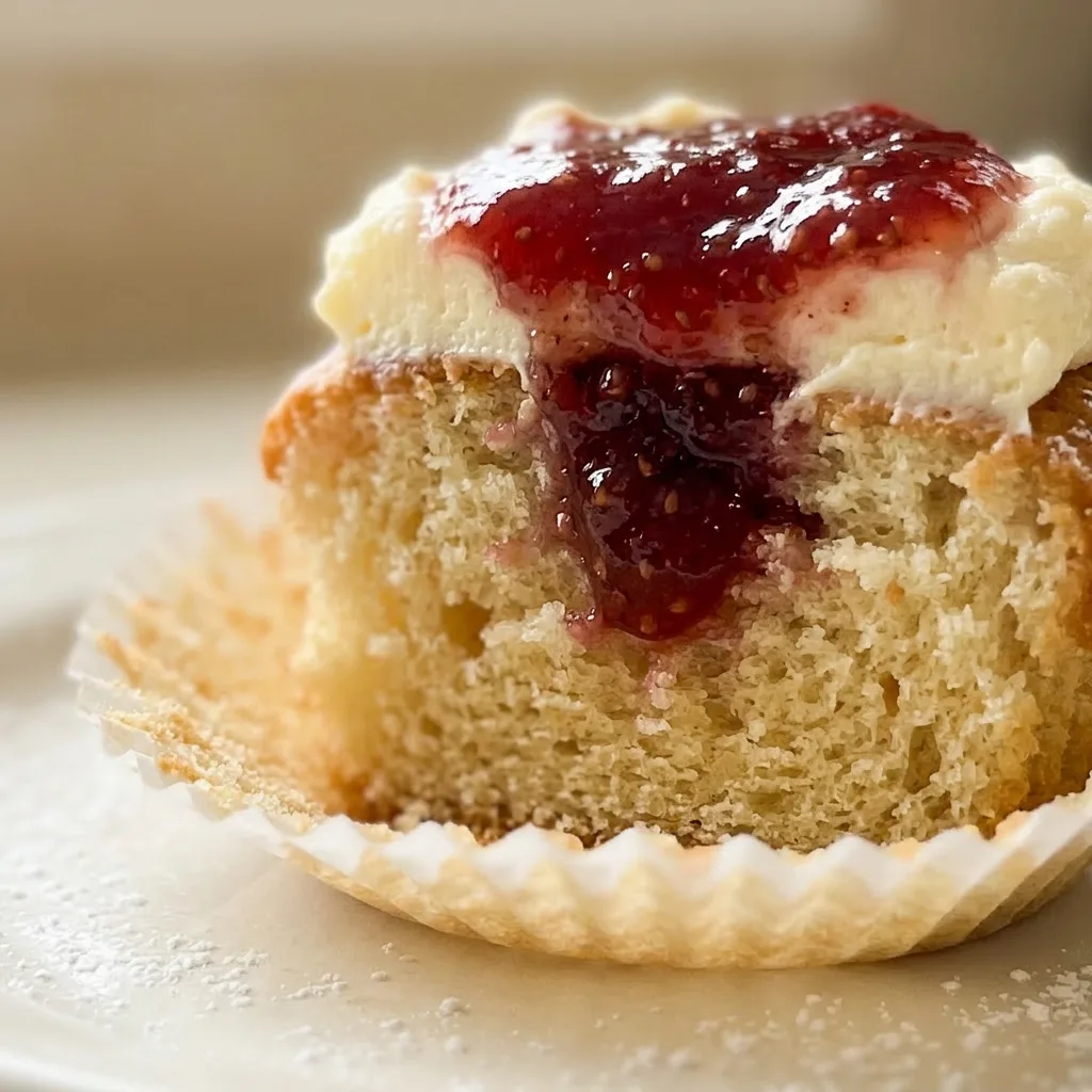 Up close, a cupcake with a buttercream swirl topped with a dab of raspberry jam, self-rising flour crumb visible.