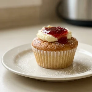 Looking down at four cupcakes with raspberry jam visible on top, buttercream swirls, and a vanilla scent.