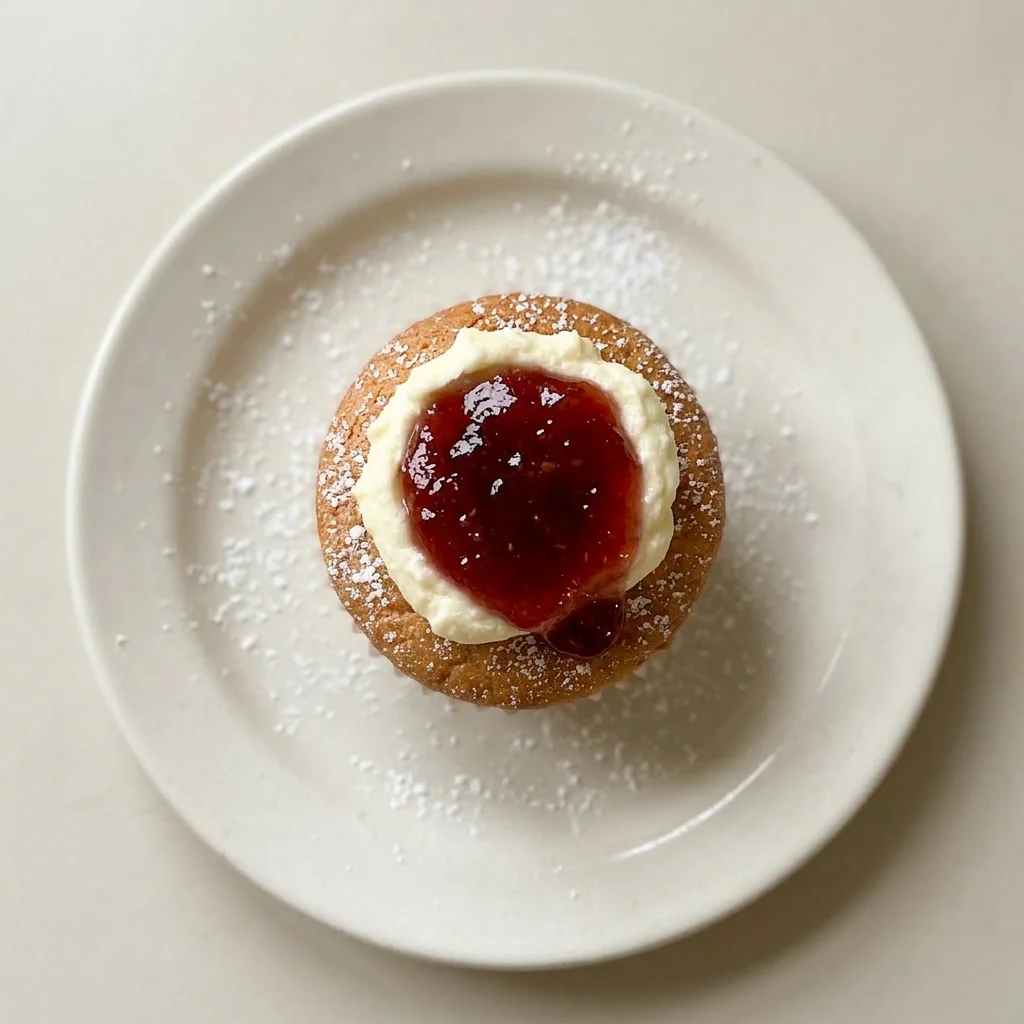 A plate of three cupcakes with buttercream and raspberry jam, vanilla specks in the frosting.