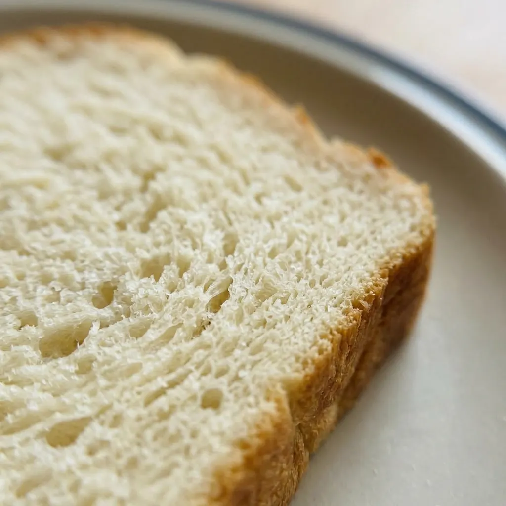 Macro detail of a slice showing soft crumb with small air pockets and a thin butter pat melting.