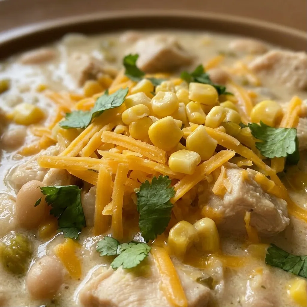 Close view of chunky white chili featuring chicken breast, cannellini beans, and green chiles, with a dollop of Greek yogurt and a sprinkle of cumin.