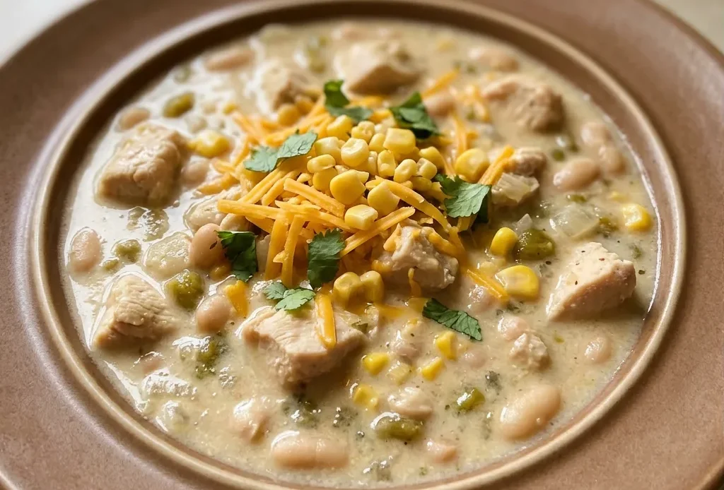 Overhead shot of white chili with chicken breast, cannellini beans, green chiles, and a swirl of Greek yogurt, topped with cumin.