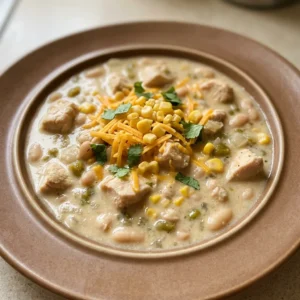 Overhead shot of white chili with chicken breast, cannellini beans, green chiles, and a swirl of Greek yogurt, topped with cumin.