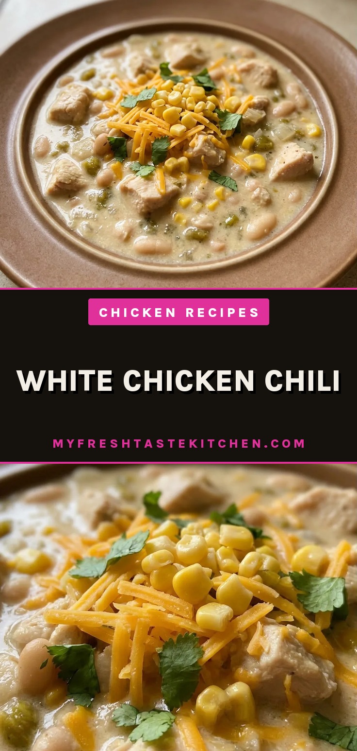 Overhead shot of white chili with chicken breast, cannellini beans, green chiles, and a swirl of Greek yogurt, topped with cumin.