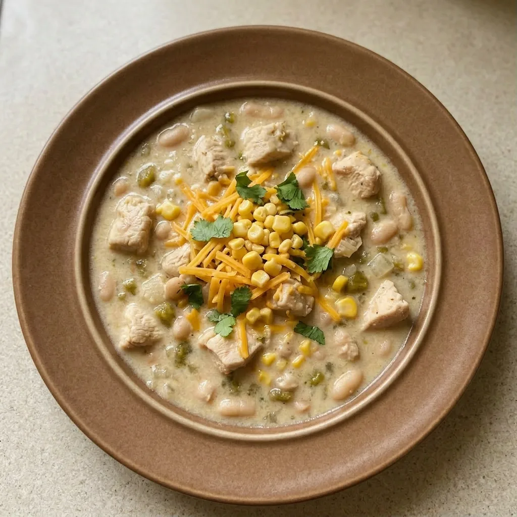 Plated white chili with visible chicken breast, cannellini beans, green chiles, a spoonful of Greek yogurt, and a dusting of cumin.