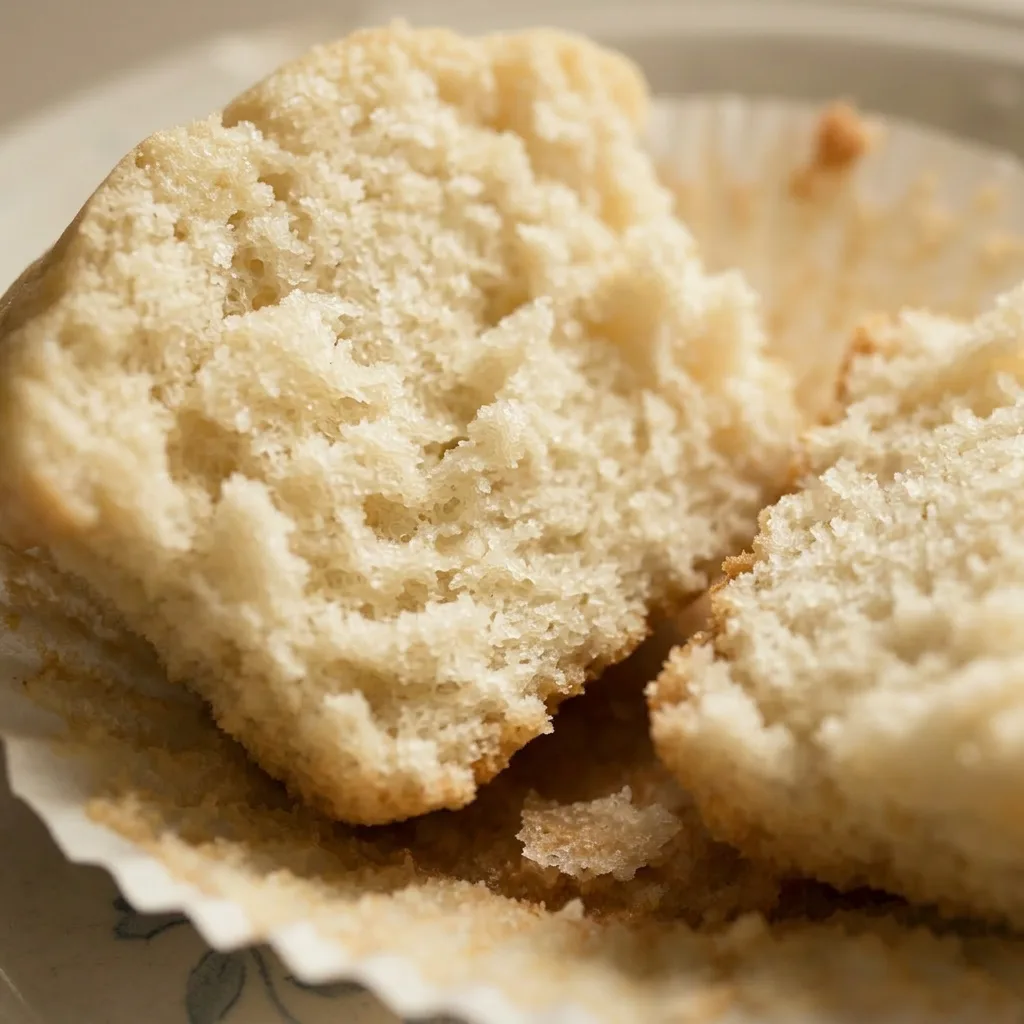 Up close, a white cupcake with a tall swirl of frosting, a crumbly top, and a paper wrapper.