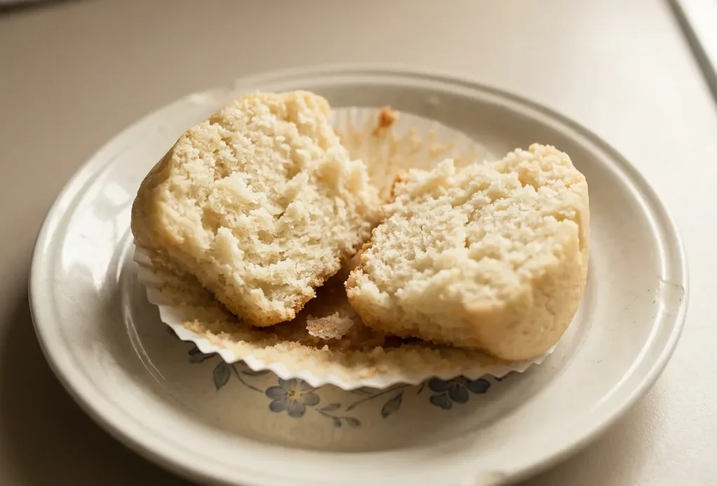 Looking down at three white cupcakes with swirls of vanilla frosting on a circular plate.
