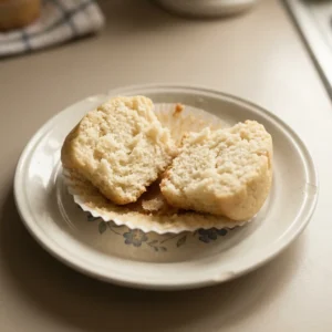 Looking down at three white cupcakes with swirls of vanilla frosting on a circular plate.