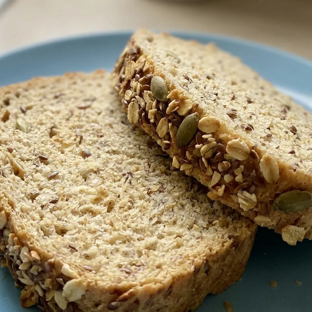 Close view of a bread slice with a golden crust dotted with seeds and a soft interior.