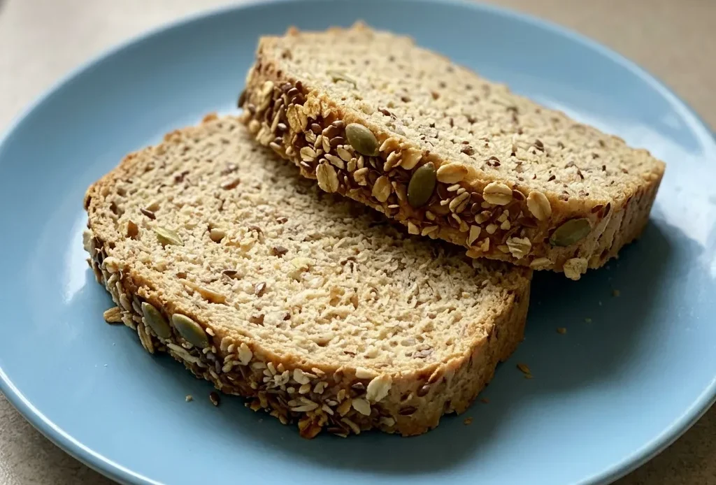 Overhead shot of a round seeded bread slice with visible oats and seed mix on the crust.