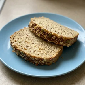 Overhead shot of a round seeded bread slice with visible oats and seed mix on the crust.