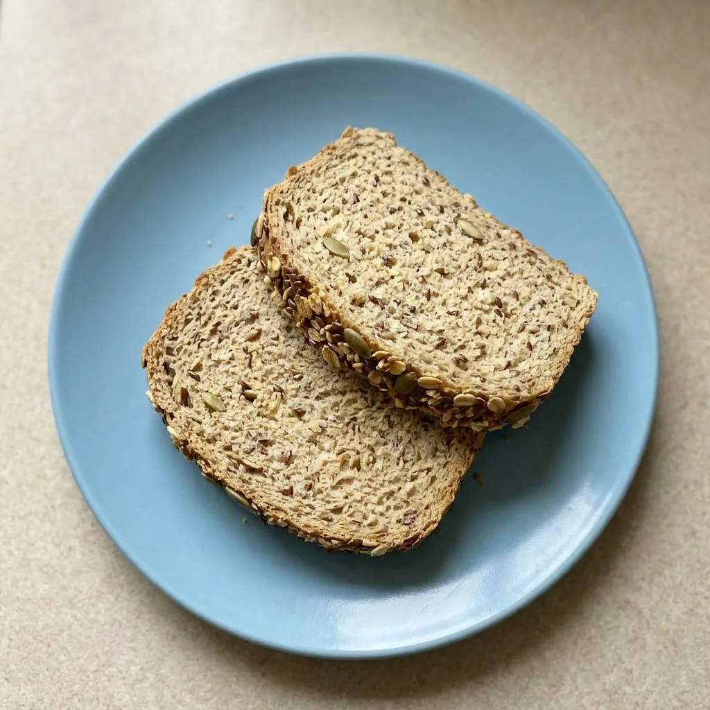 Plated bread slice topped with butter and drizzled with honey, seeds and oats visible on crust.