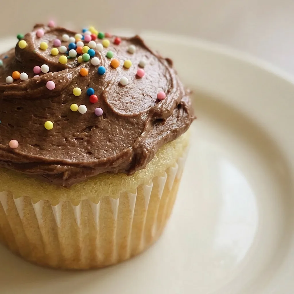 Up close, a yellow cupcake topped with swirls of chocolate buttercream and rainbow sprinkles.