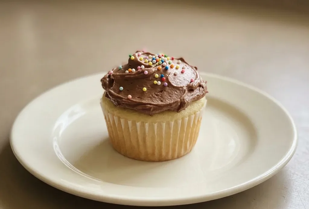 Looking down at a frosted cupcake with chocolate buttercream and colorful sprinkles on top.
