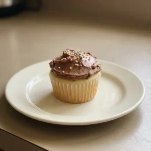Looking down at a frosted cupcake with chocolate buttercream and colorful sprinkles on top.