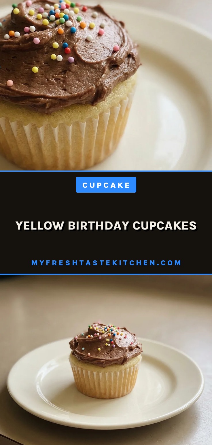 Looking down at a frosted cupcake with chocolate buttercream and colorful sprinkles on top.