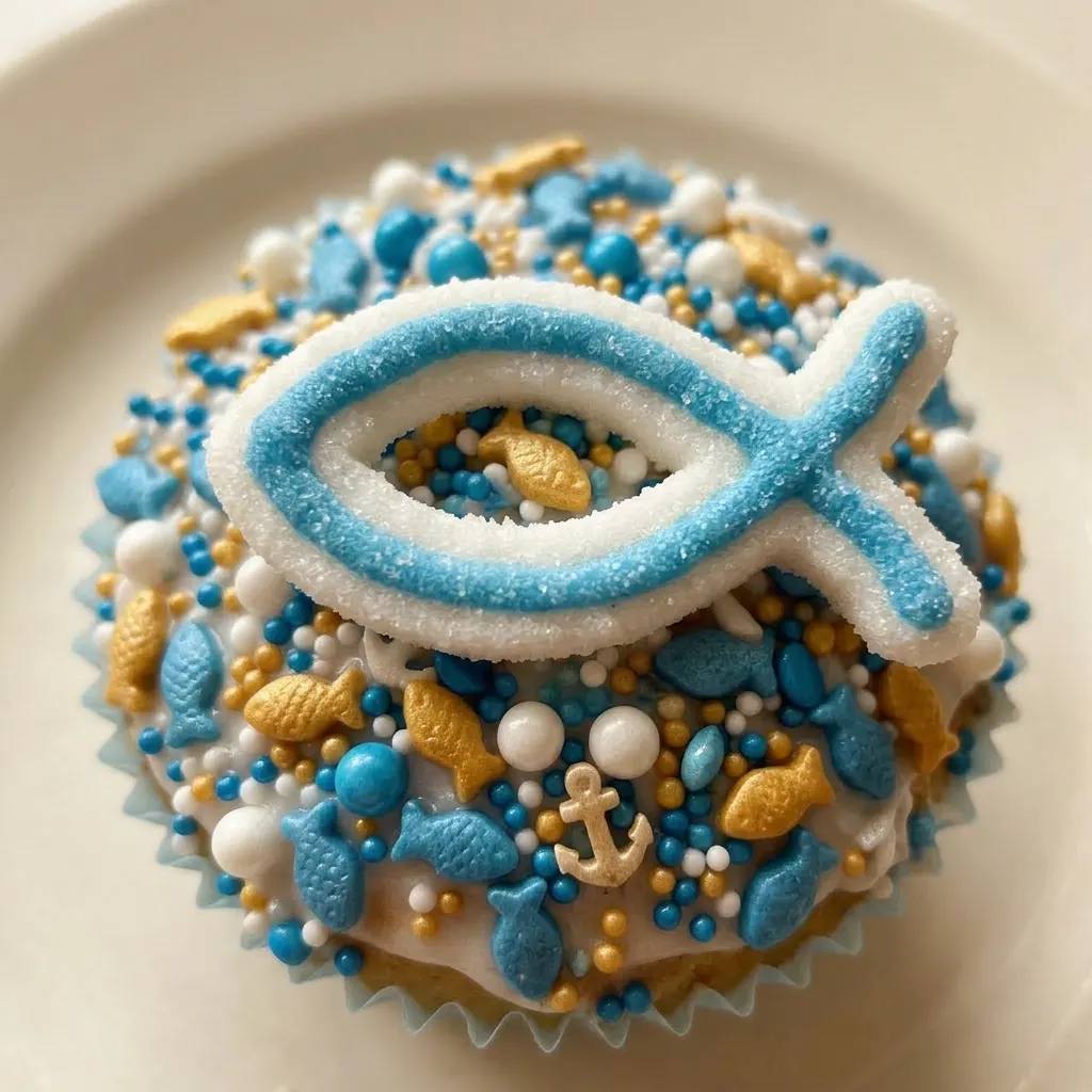 Macro detail of a muffin's sky blue and white drips with multicolored sprinkles scattered across the top.