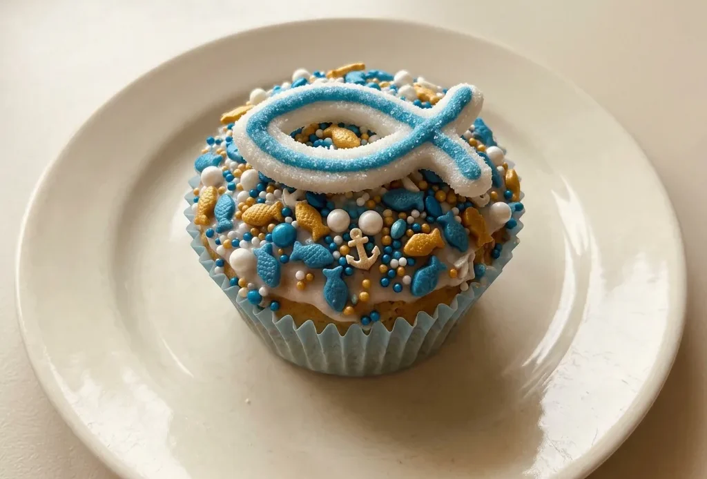 Top-down look at a round muffin with sky blue and white drips and rainbow sprinkles on top.