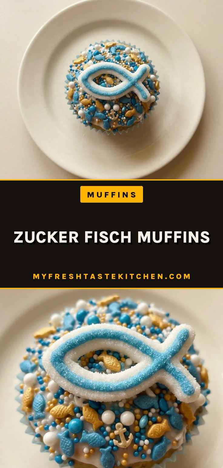 Top-down look at a round muffin with sky blue and white drips and rainbow sprinkles on top.