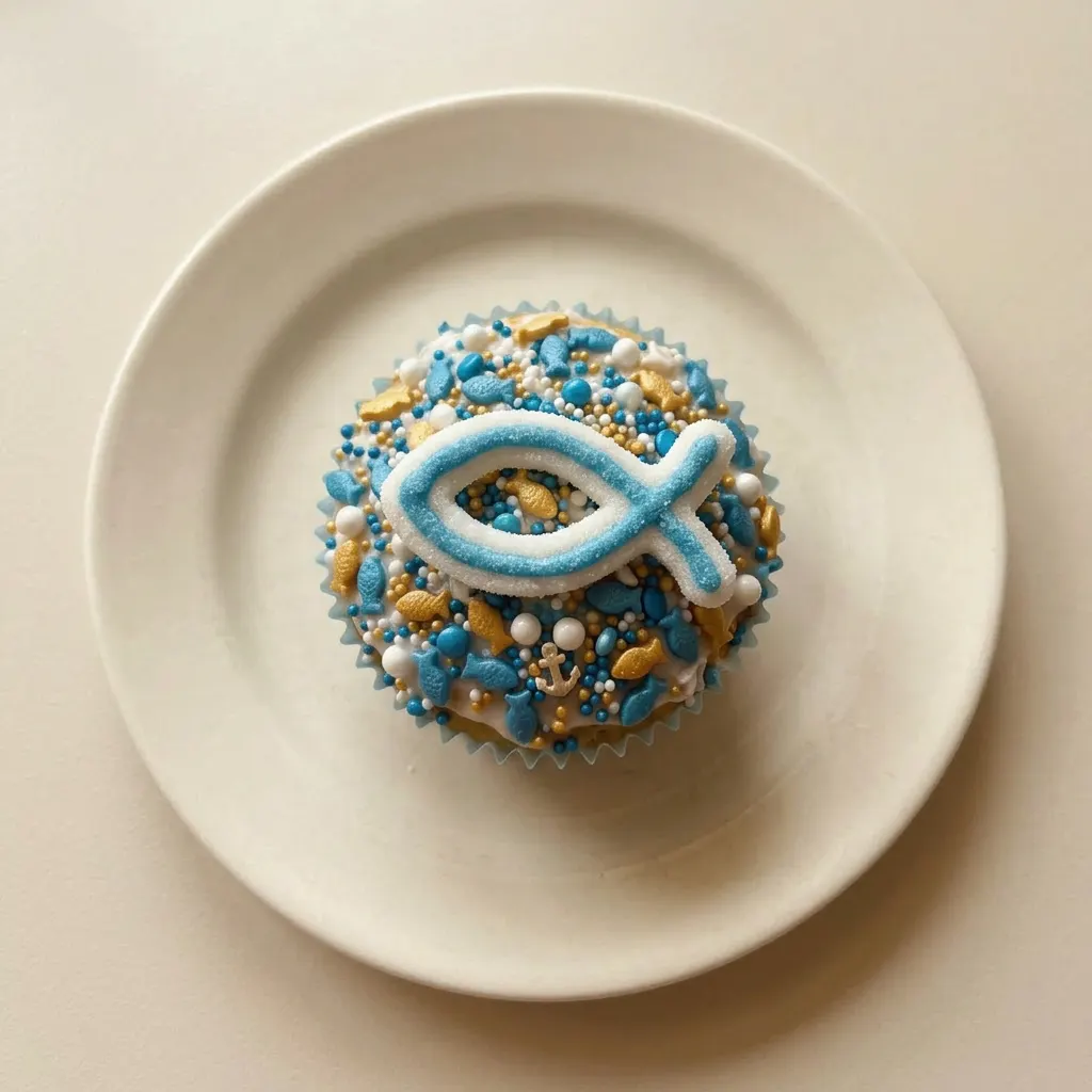 A serving of a muffin topped with sky blue and white drips and rainbow sprinkles.